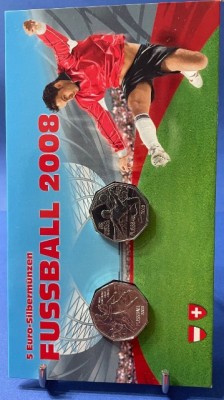 AUSTRIA 2008 - 5 Euro + 5 Euro &amp;ndash; Fotbal 2008 - Argint 800 / 8,00 gr / Blister foto