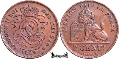 1909, 2 Centimes - Leopold al II-lea - Regatul Belgiei - inscripție franceză foto