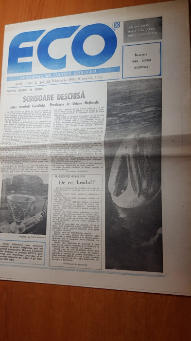 ziarul eco 22 februarie 1990-anul 1,nr. 2 -saptamanl de cultura ecologica