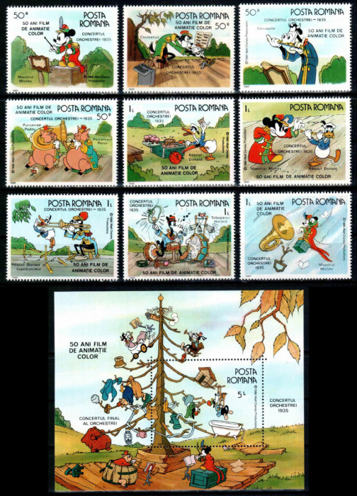 Romania 1986, LP 1153 + 1154, Walt Disney (II), serie + colita dantelata, MNH!