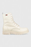 Tommy Jeans bocanci de piele Tommy Jeans Lace Up Wmns Boot femei, culoarea bej, cu toc plat