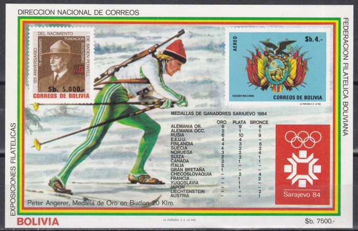Bolivia 1984 - J.O.Sarajevo - Clasament pe medalii, Colita, Cota 50 Euro, MNH