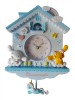 Ceas Perete Copii Casuta Albastru cu Pendul, 30cm, Mecanism Quartz, Analogic, Baterie AA