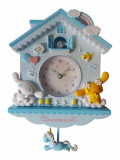 Ceas de perete cu pendul in forma de Casuta pentru copii, Albastru, 30 cm, MHT620