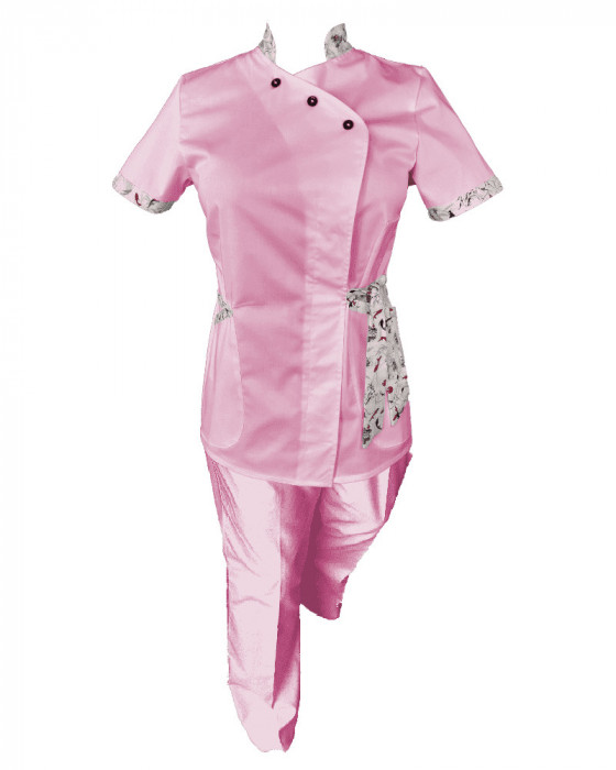 Costum Medical Pe Stil, Roz deschis cu Elastan cu Garnitură, Model Andreea - 3XL, 3XL