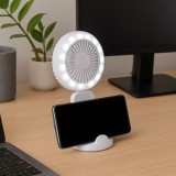 Ventilator mini reincarcabil cu LED si suport telefon, 21 cm, Alb, CMCLASS