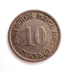 GERMANIA 10 pfennig 1907 ( F ) _ moneda rara tiraj mic _ km # 12 William II