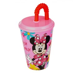 Pahar Plastic Disney Minnie, Capac și Pai, Roz, Capacitate 430ml