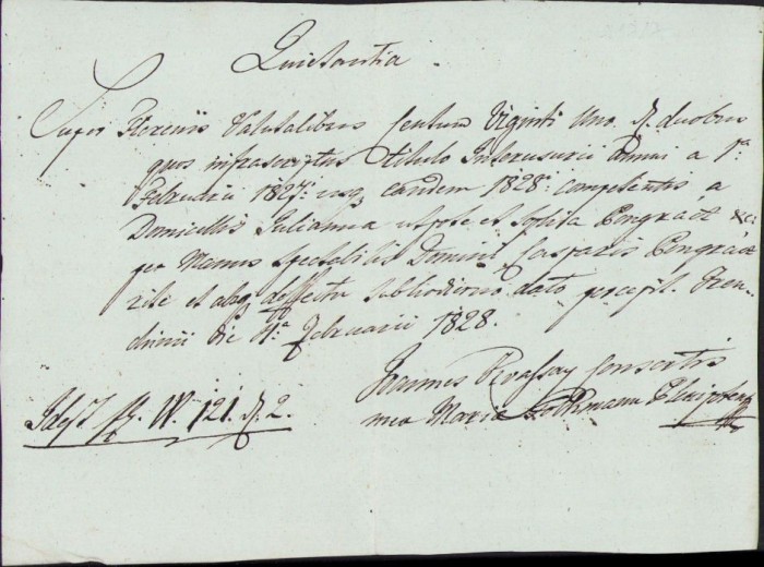 A331 Chitanță olografă, 1828, &icirc;n limba latină