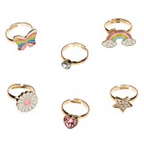 Set Inele Fete, Metalice, Reglabile, Multicolor, 6 Bucăți, Modele Fluture Curcubeu Margareta Stea Inimă Sferă Cristale