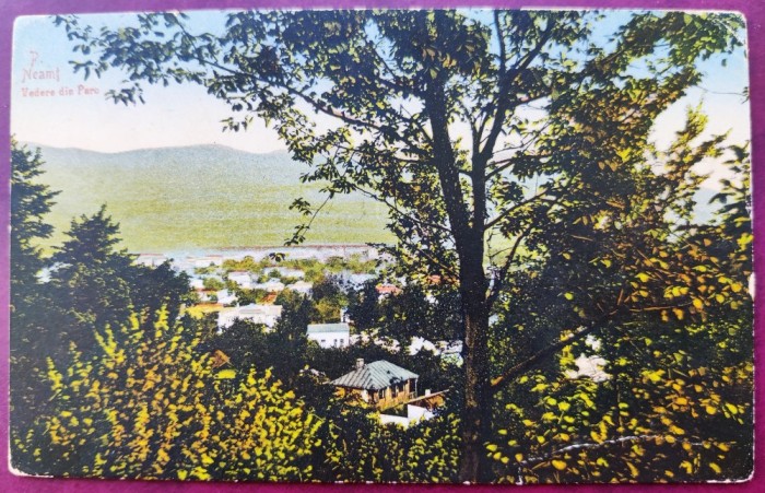 Piatra Neamt - Vedere din Parc - 1921 - printata, color, circulata la Bucuresti, 3 timbre intacte, Editura Horovitz