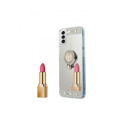 Husa silicon oglinda , inel si pietricele Samsung Galaxy S21 , Argintiu