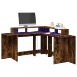 VidaXL Birou cu lumini LED stejar fumuriu 152x152x91 cm lemn prelucrat