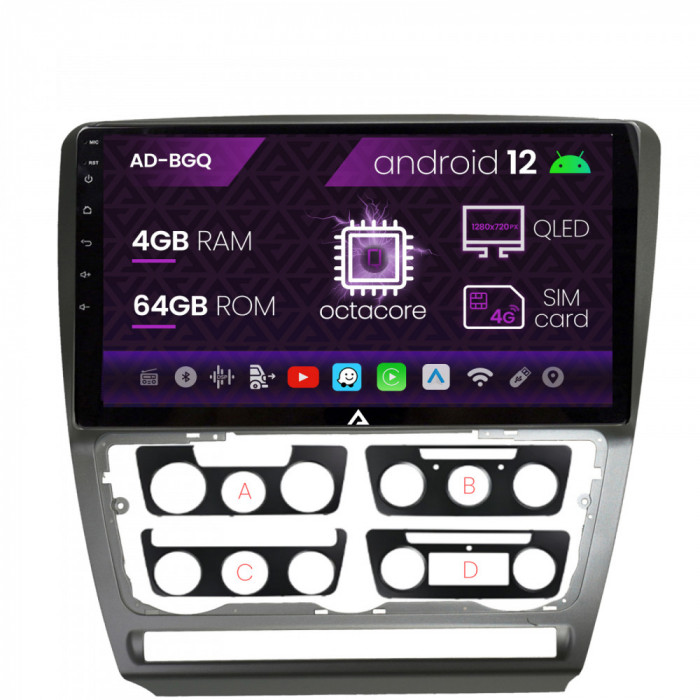 Navigatie Skoda Octavia 2, Android 12, Q-Octacore 4GB RAM + 64GB ROM, 10.1 Inch - AD-BGQ10004+AD-BGRKIT048