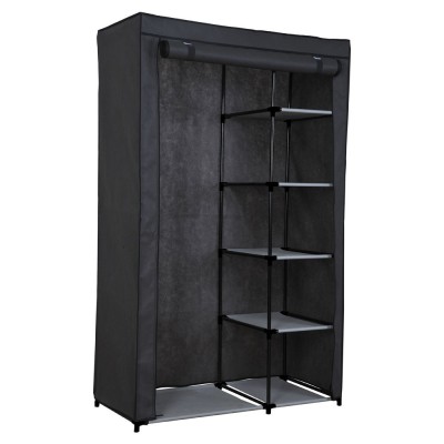 Dulap textil GN cu 2 fermoare, pentru depozitare haine, 5 polite, cu suport umerase, portabil, negru foto
