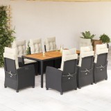 VidaXL Set mobilier de grădină cu perne, 9 piese, negru, poliratan