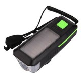 Cumpara ieftin Far LED proiector cu Claxon si incarcare solara pentru Bicicleta sau Trotineta, acumulator intern, panou solar, incarcare USB, indicator baterie, rezi