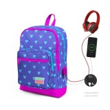 Ghiozdan cu 4 compartimente, Coral High, cu USB, mov cu inimioare bleu