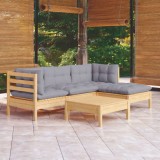 Cumpara ieftin Set mobilier grădină cu perne gri, 5 piese, lemn masiv de pin