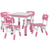 AIYAPLAY Set Masă și Scaune pentru Copii 18-60 Luni cu &Icirc;nălțime Reglabilă și Tablă de Scris, 60x60x46-58 cm, Roz | Aosom Romania