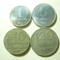 4 Monede Brazilia : 1 si 5 cruzeiro 1980 si 10centavos 1967 ,20c 1970 ,cal. F.B.