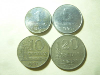 4 Monede Brazilia : 1 si 5 cruzeiro 1980 si 10centavos 1967 ,20c 1970 ,cal. F.B. foto