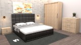 Dormitor Regal cu Pat Tapitat Negru imitatie piele cu dulap usi glisante Sonoma fara oglinda si cu comoda Tv