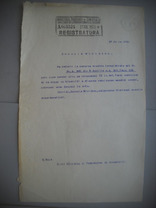 HOPCT DOCUMENT VECHI 384 MINISTERUL INDUSTRIEI COMERT EXTERIOR /BUCURESTI 1935