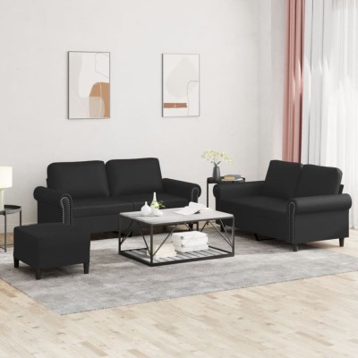 vidaXL Set de canapele cu perne, 3 piese, negru, piele ecologică foto