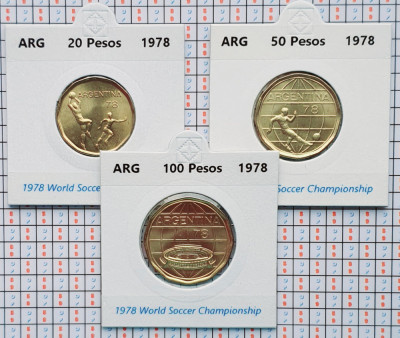 Set 3 monede Argentina 20, 50, 100 pesos 1978 - Soccer - UNC - A015 foto