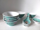 (2) Set 15 bucati protelan chienzesc traditional, verde, vintage, boluri, farfurii si linguri marimi diverse, Famille Rose Hand Enamelled Turquoise