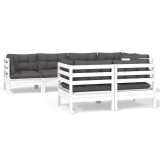 Cumpara ieftin Set mobilier gradina cu perne, 7 piese, alb, lemn masiv de pin