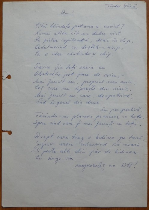 Teodor P&acirc;că, Da !, poezie in manuscris
