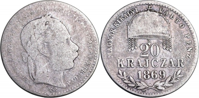 1869 - KB - 20 krajcz&aacute;r - Franz Joseph I - Imperiul Austro-Ungar