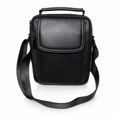Geanta de mana si umar, borseta din piele naturala Crossbody, 2 compartimente, buzunar telefon, 17 x 21 cm, Negru, magrot 26017