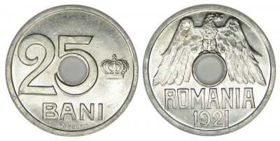 y921 MONEDA 25 BANI 1921 gaura 4 mm UNC NECIRCULATA CU LUCIU DE BATERE foto