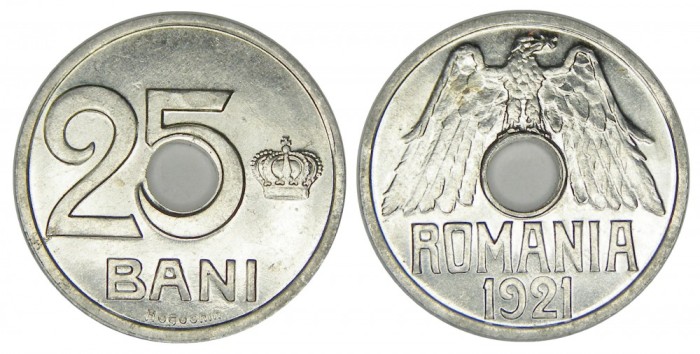 y921 MONEDA 25 BANI 1921 gaura 4 mm UNC NECIRCULATA CU LUCIU DE BATERE
