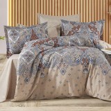 Lenjerie pat dublu,bumbac ranforce,4 piese,bej cu model oriental,RNFN246