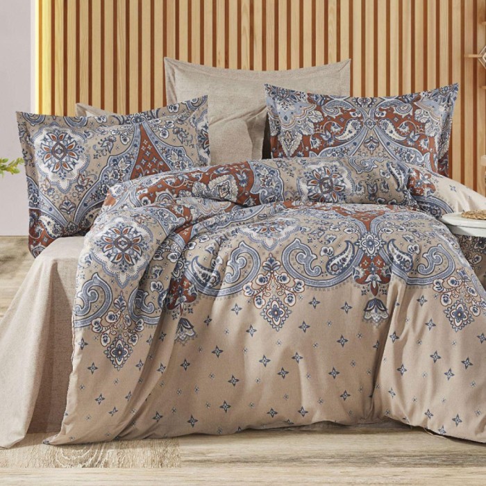 Lenjerie pat dublu,bumbac ranforce,4 piese,bej cu model oriental,RNFN246