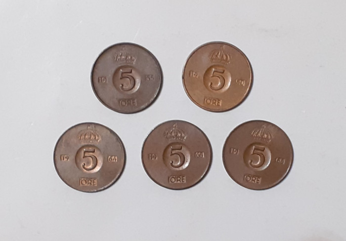 Lot 5 Monede Suedia - 5 Ore 1955, 1960, 1964, 1965, 1966 (VEZI DESCRIEREA)