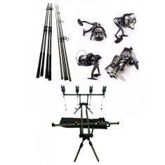 Set 4 Lansete Carbon 3, 90m, 2 Segm, 4 Mulinete Tambur 12.000, Rod Pod, Senzori