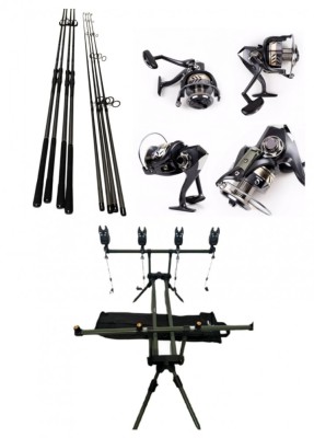 Set 4 Lansete Carbon 3, 90m, 2 Segm, 4 Mulinete Tambur 12.000, Rod Pod, Senzori foto