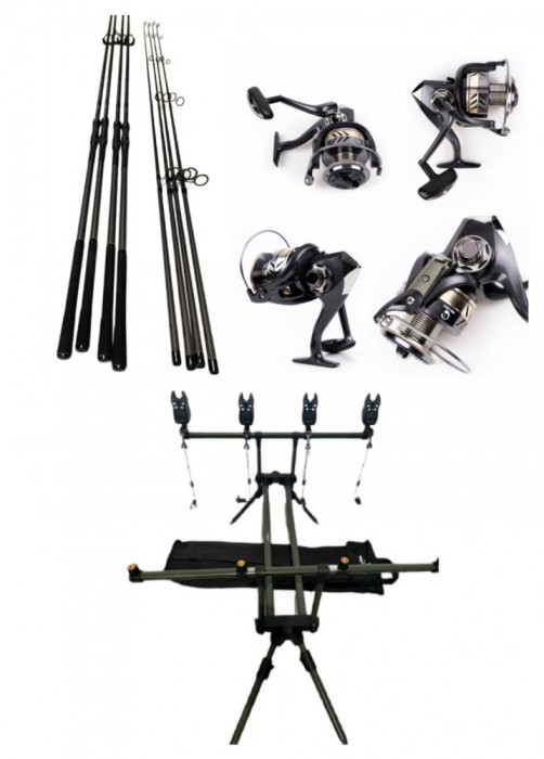 Set 4 Lansete Carbon 3, 90m, 2 Segm, 4 Mulinete Tambur 12.000, Rod Pod, Senzori