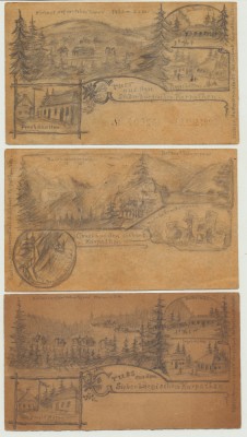 Lot 3 machete 1898 pt ilustrate litografiate ale SKV cu imagini montane. Sunt probabil singurele machete de ilustrate din secolul XIX pastrate la noi foto