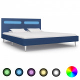 Cadru de pat cu LED-uri, albastru, 180x200 cm, material textil, Cires, Dublu, Cu polite semirotunde, vidaXL