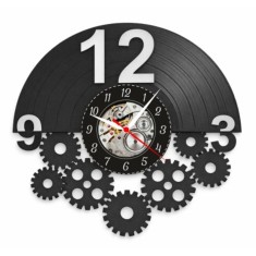 Ceas de perete decorativ realizat manual din disc de vinil, handmade, Roti Dintate si Angrenaje Mecanice, ideal cadou pentru ingineri si stil Industri