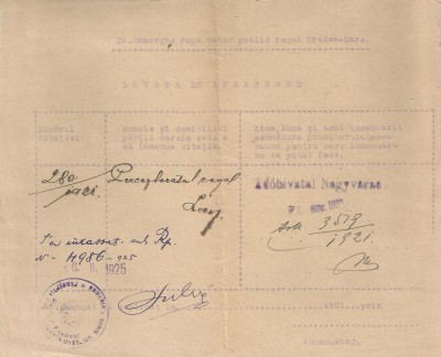 Romania, Dovada de inmanuare, Oradea, 1921 foto