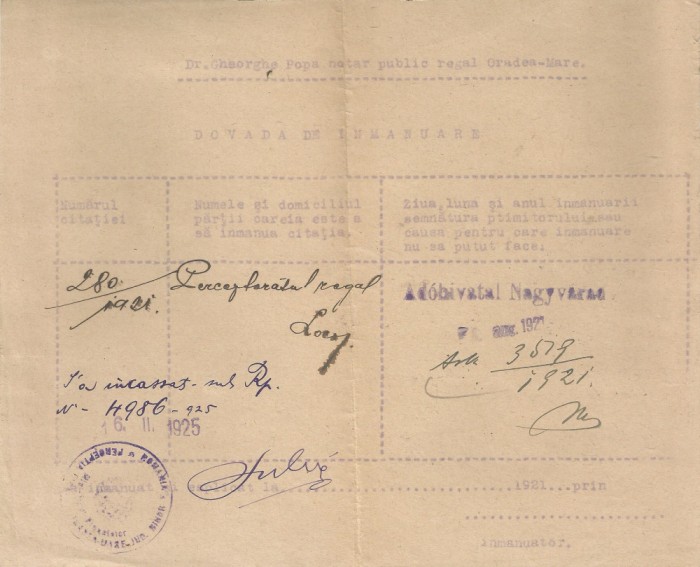 Romania, Dovada de inmanuare, Oradea, 1921
