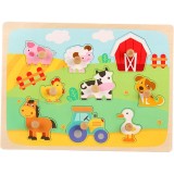 Puzzle Montessori din Lemn pentru Copii, Cyrax, 3D, 0-3 Ani, Model Ferma, Educativ, Intuitiv, Creativ, 9 Piese, 30x22.5x0.8 cm, Multicolor