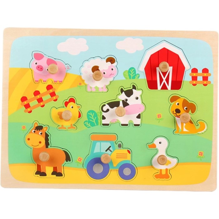 Puzzle Montessori din Lemn pentru Copii, Cyrax, 3D, 0-3 Ani, Model Ferma, Educativ, Intuitiv, Creativ, 9 Piese, 30x22.5x0.8 cm, Multicolor